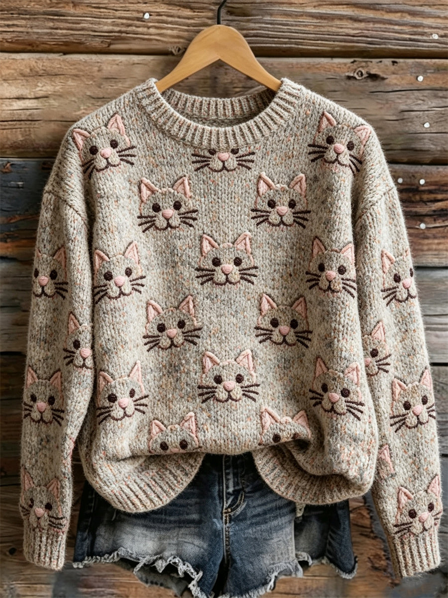 Women's Vintage Lovely Cat Faces Pattern crew neck sweater