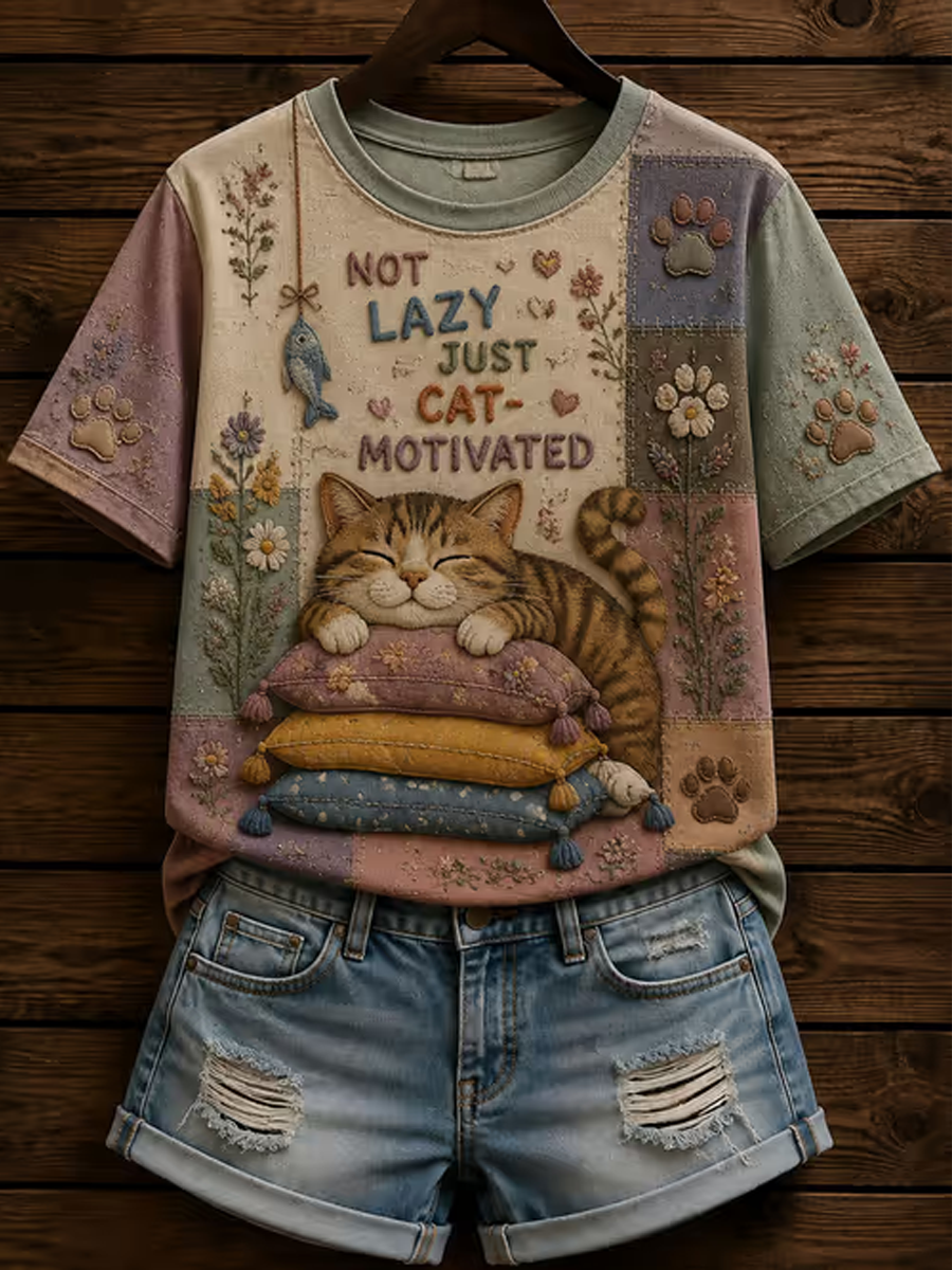 Women's Cute cat printed short-sleeved T-shirt