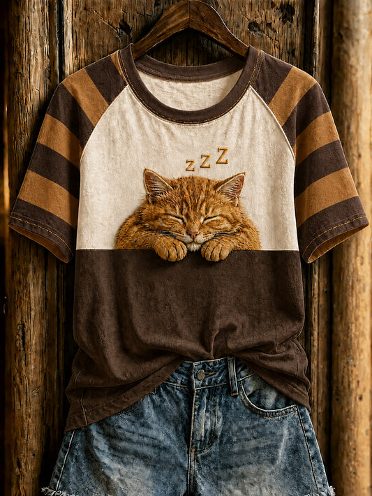 Women's cute cat pattern printed round neck short sleeve T-shirt
