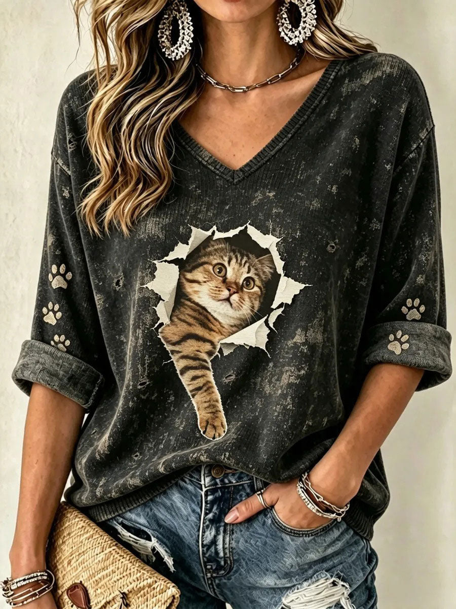 Women's Cat Art Print Casual T-Shirt