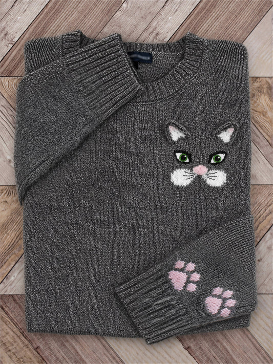 Women's Vintage Lovely Cat Face & Paw Prints crew neck sweater
