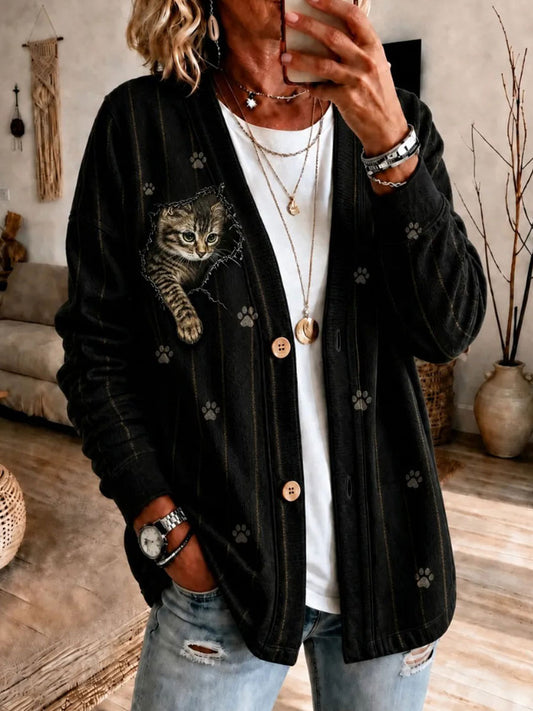 Women's Cat Art Print Casual Cardigan