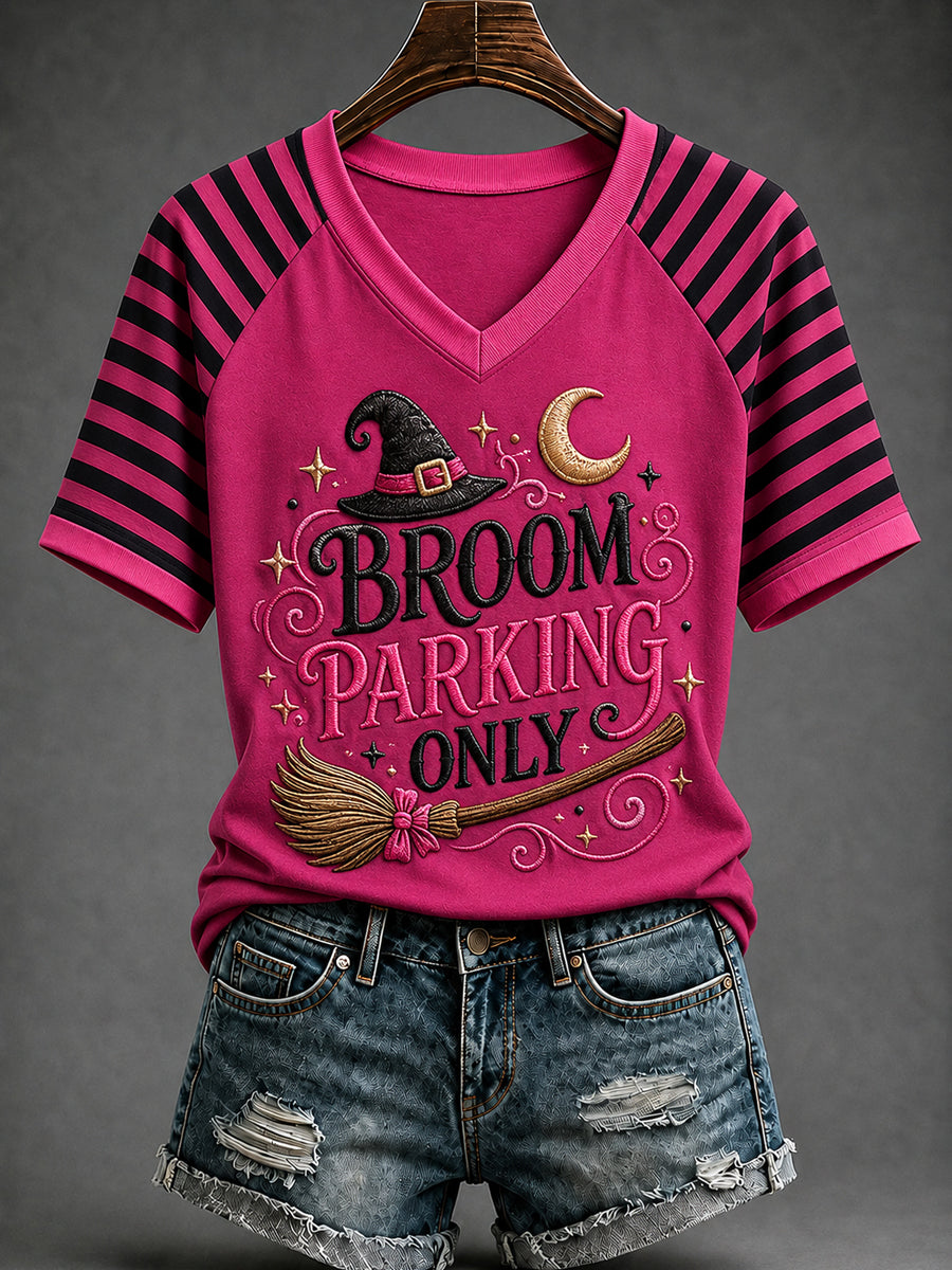 Women's Funny Halloween Broom Parking Only Stripes Print Casual V-Neck Tee