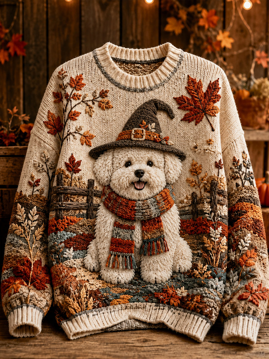 Women's Fall Halloween Witch Dog Maple Leaf Print Sweater