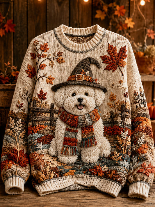 Women's Fall Halloween Witch Dog Maple Leaf Print Sweater