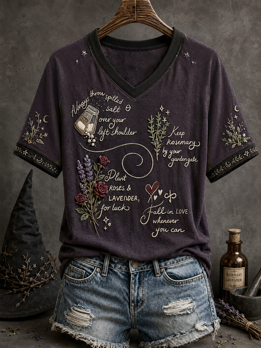 Women's Halloween Witch Salt Rosemary Lavender Love Art Printed T-shirt