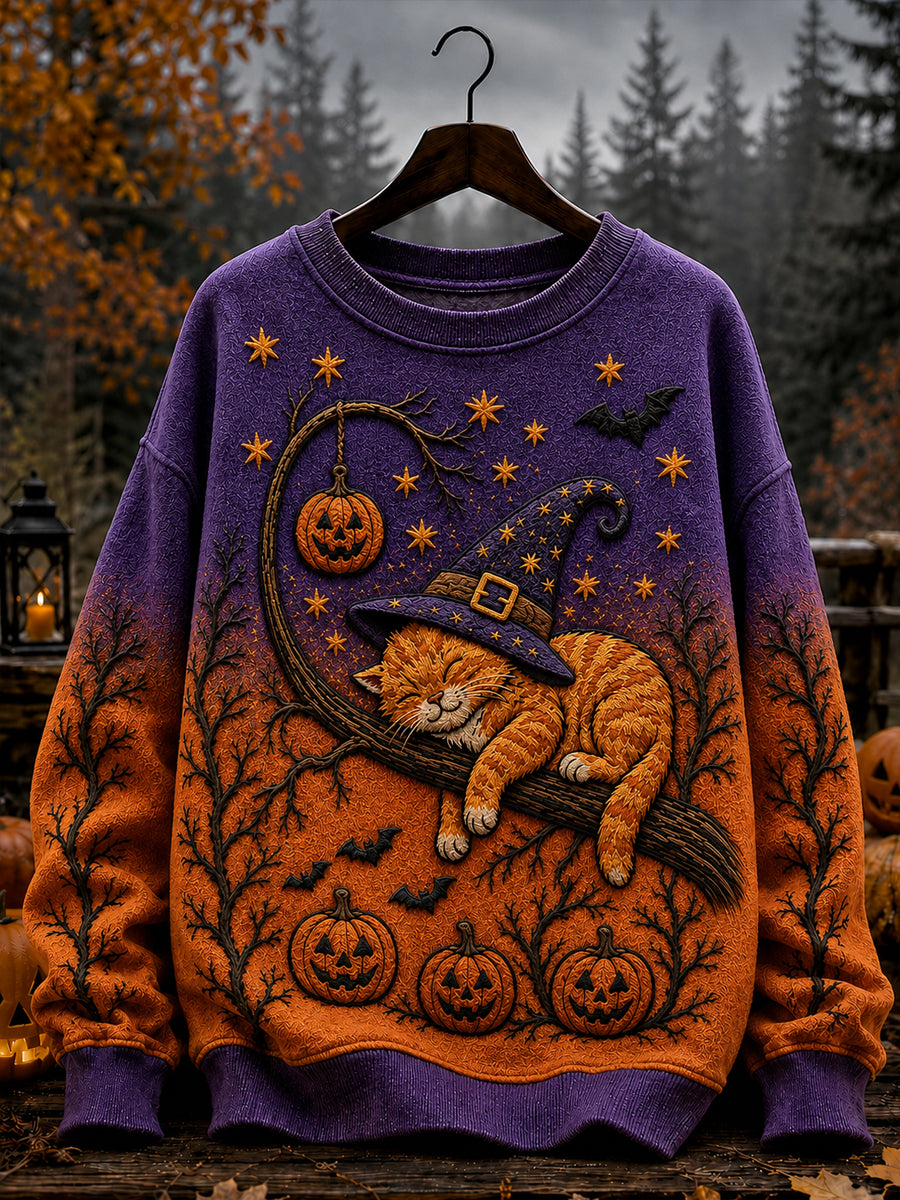 Women's Halloween Witch  Cat Pumpkin Print  Sweatshirt