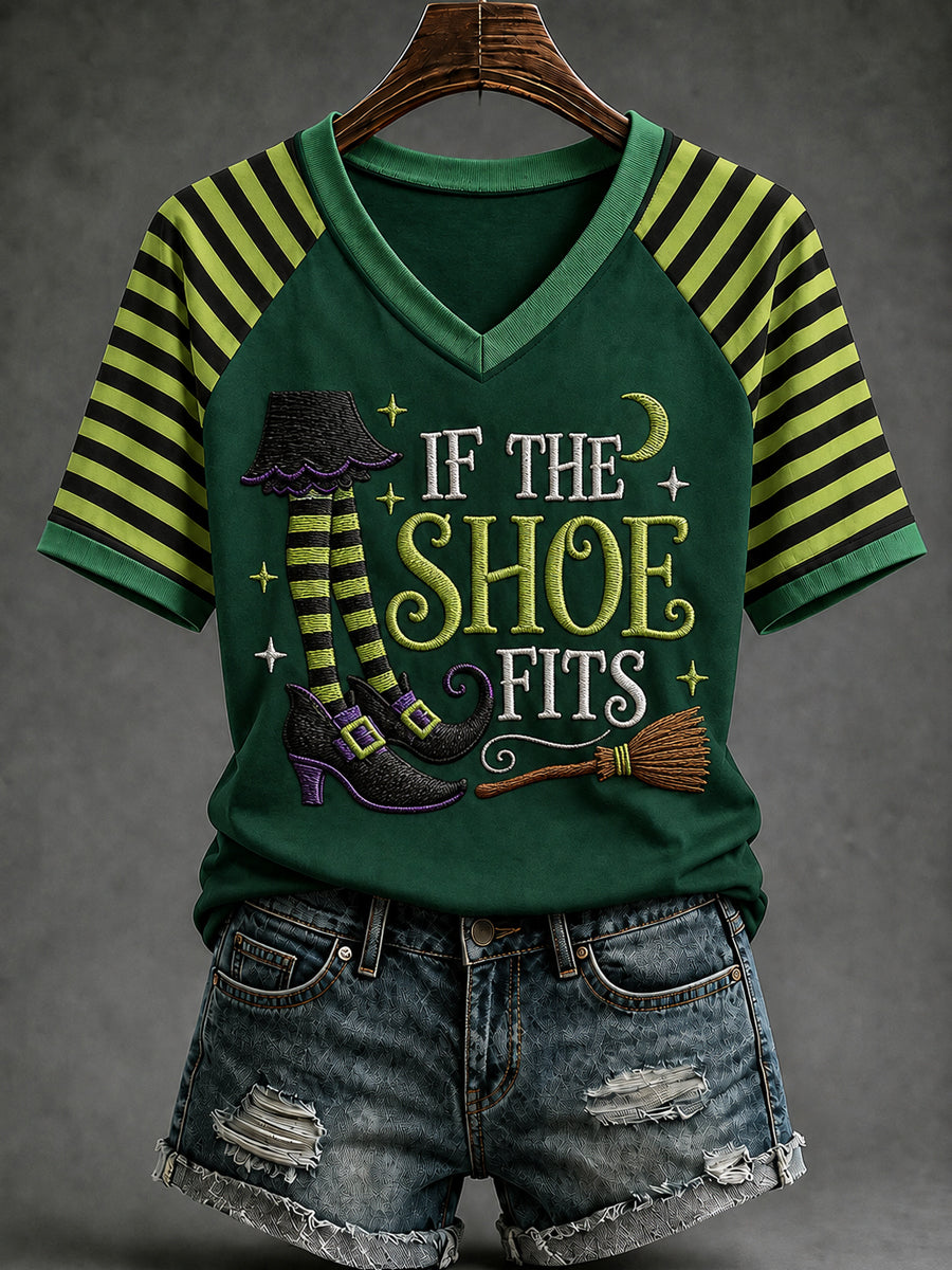 Women's Funny Halloween If The Shoe Fits Stripes Print Casual V-Neck Tee