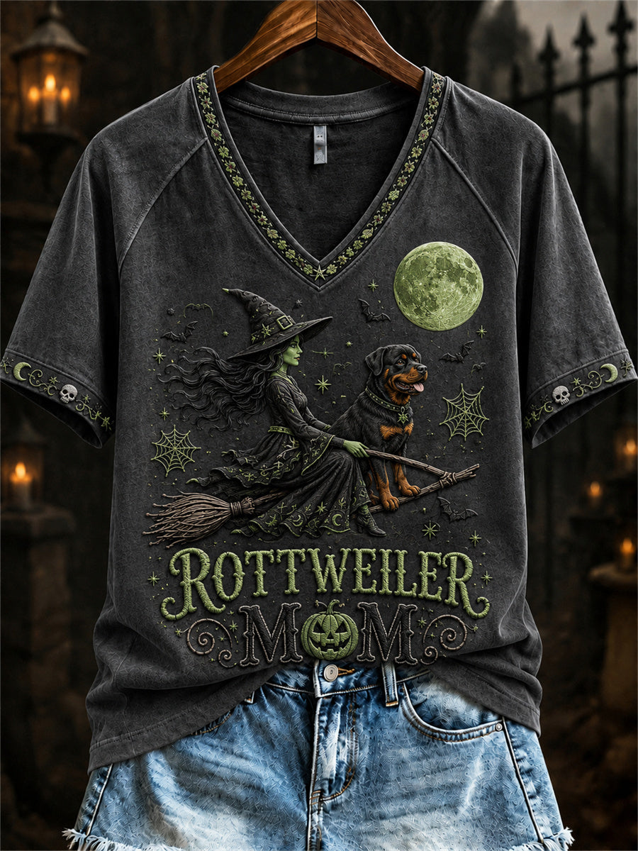 Women's Halloween Bad Witch Rottweiler Mom Print short-sleeved T-shirt