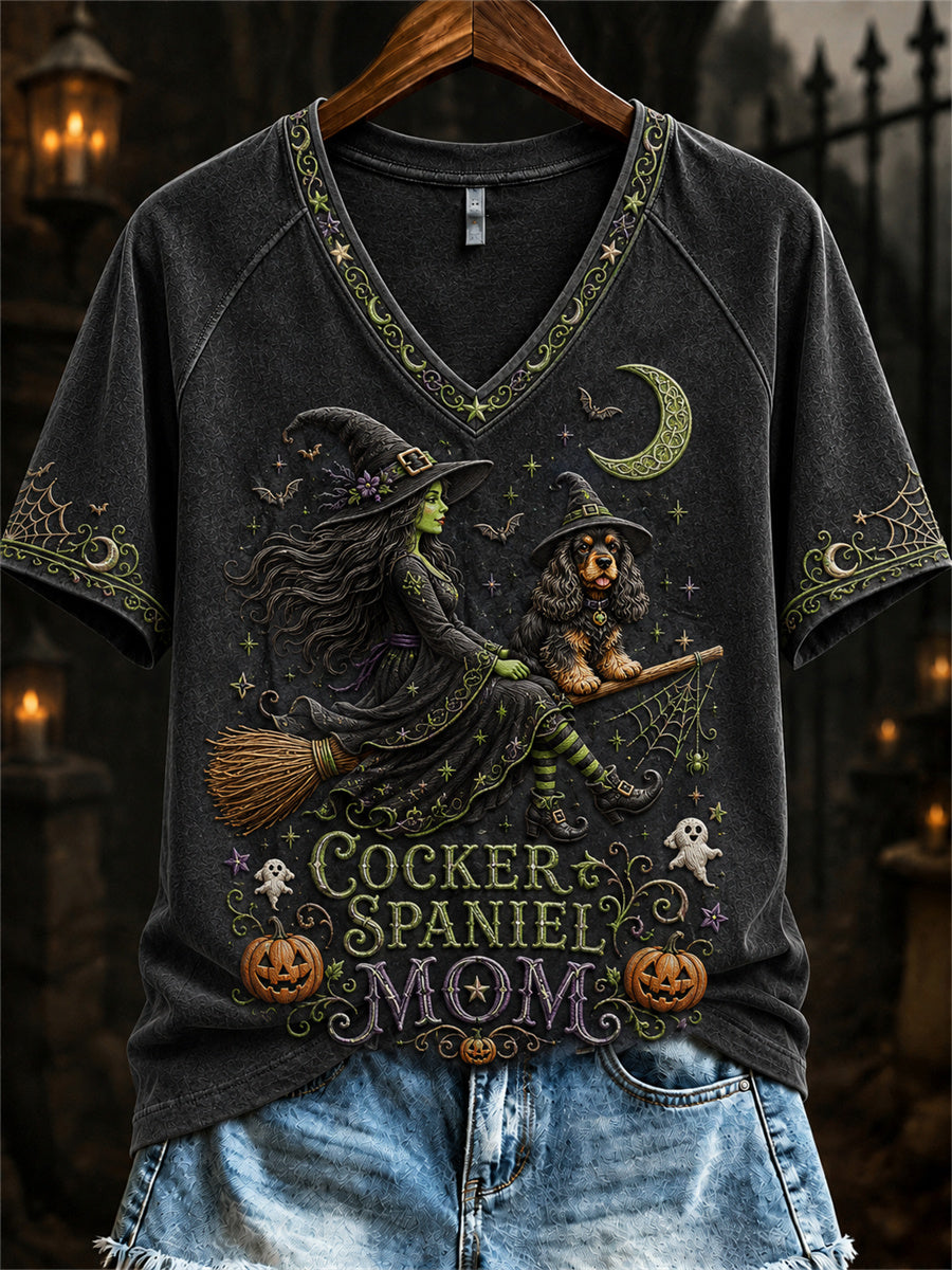 Women's Halloween Bad Witch Cocker Spaniel Mom Print short-sleeved T-shirt