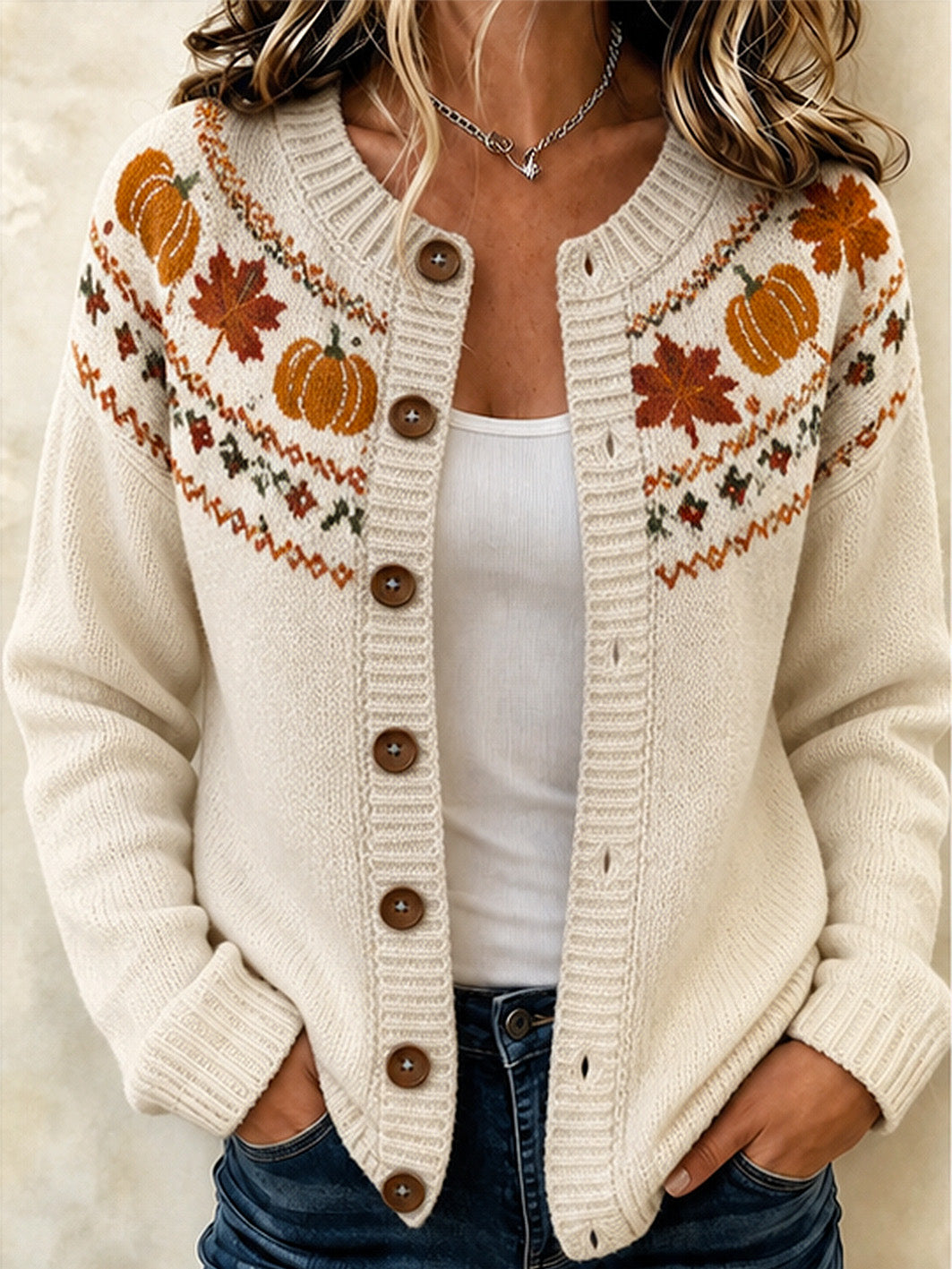 Women's Autumn Pumpkin And Maple Leaf Pattern Casual Knit Cardigan-Style Jacket