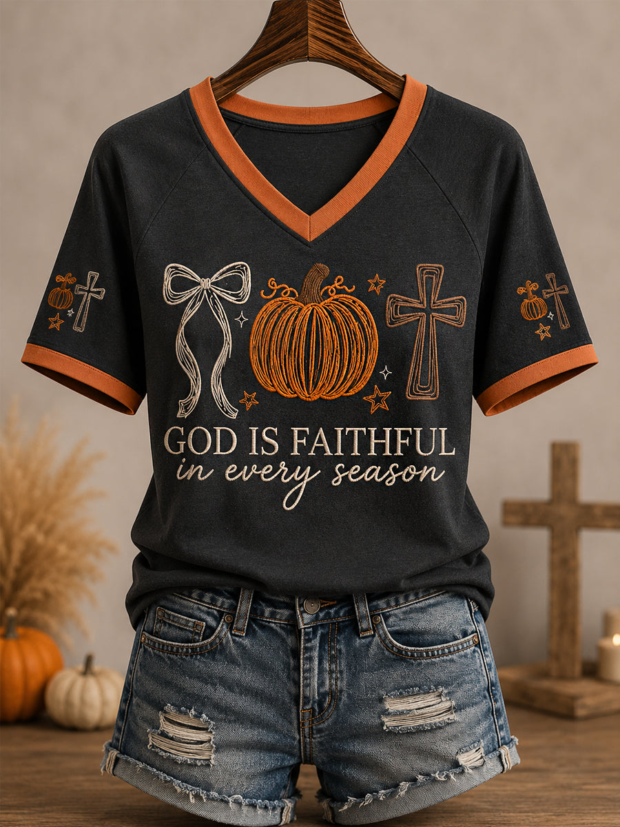 Women's God Is Faithful In Every Season Fall Pumpkin Cross Print Casual V-Neck Tee