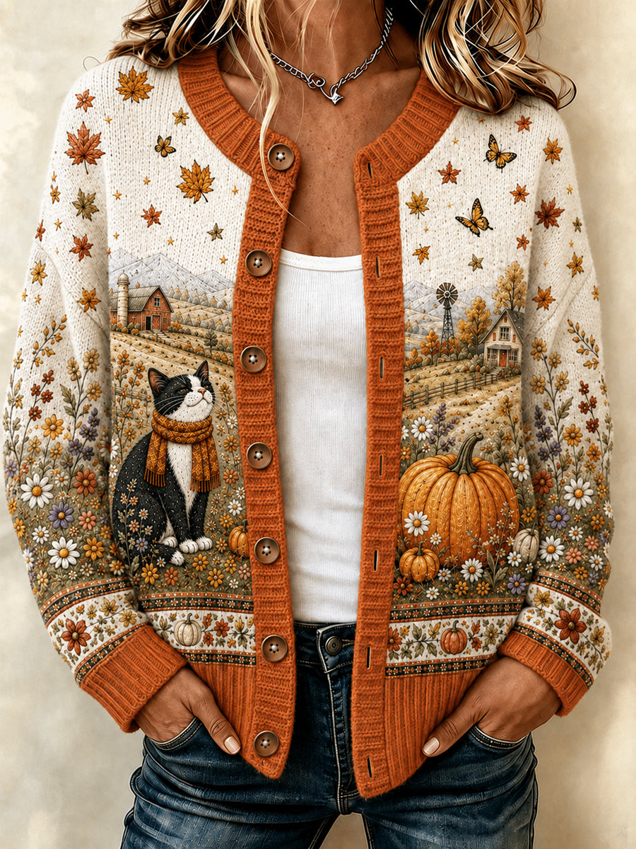 Women's Autumn Cat Pumpkin Flower Print Cardigan