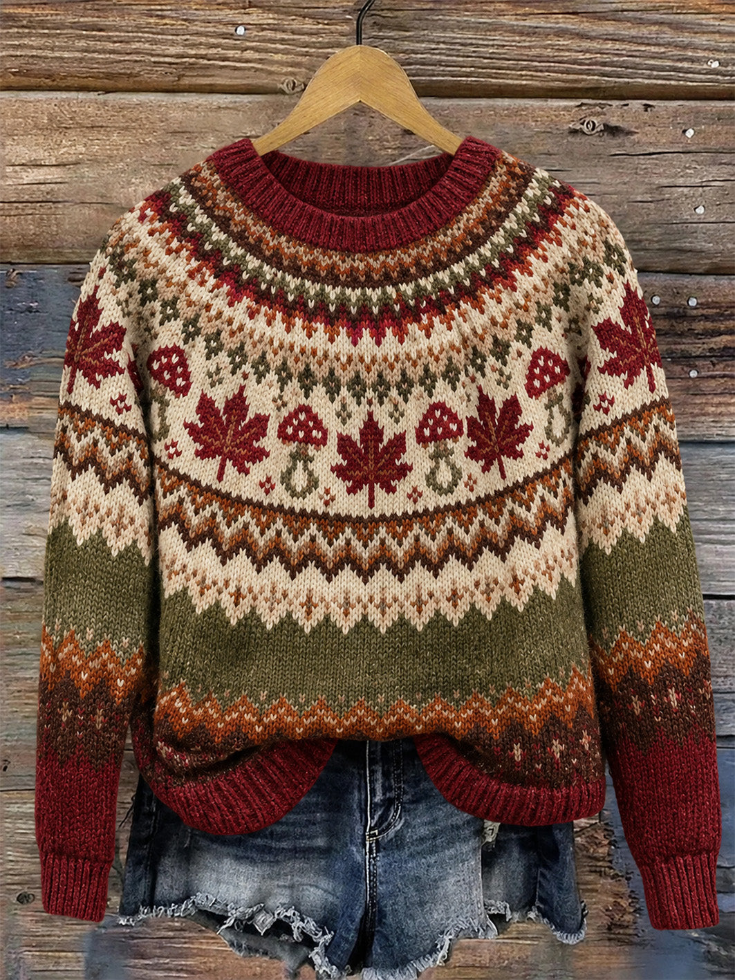Women's Autumn Mushroom And Maple Leaf Pattern Casual Sweater