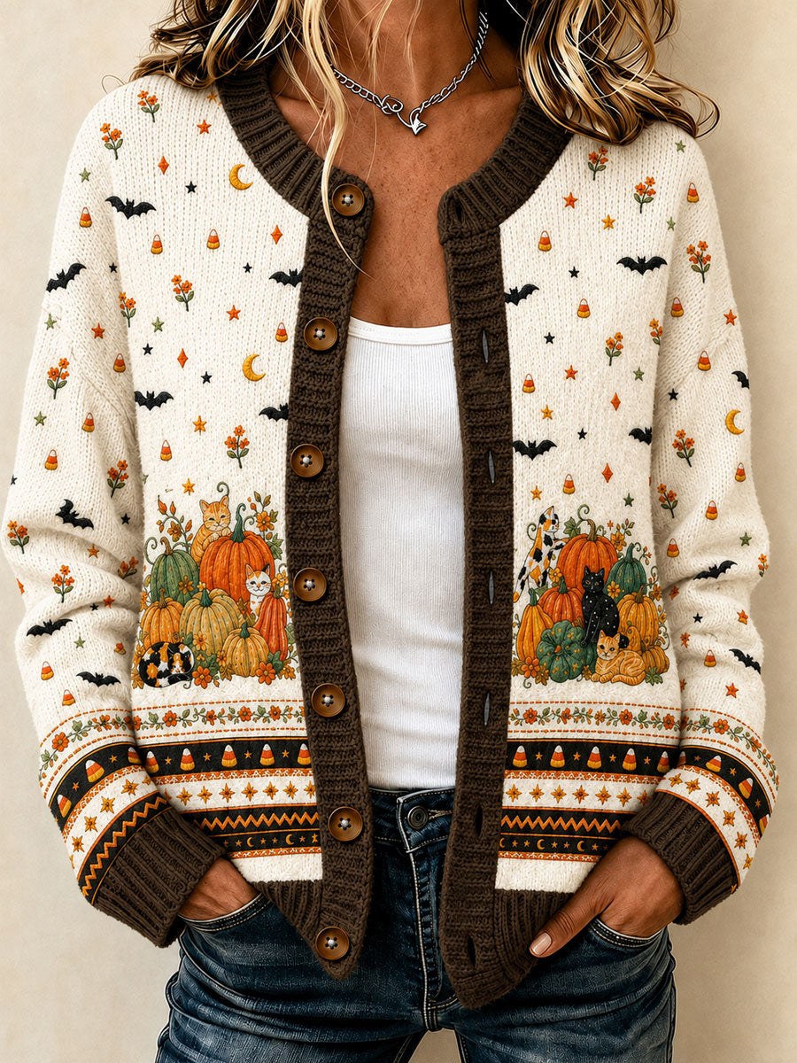 Women's Autumn Halloween Cat Pumpkin Flower Print Cardigan