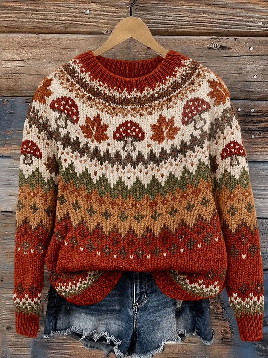 Women's Autumn Mushroom And Maple Leaf Pattern Casual Sweater
