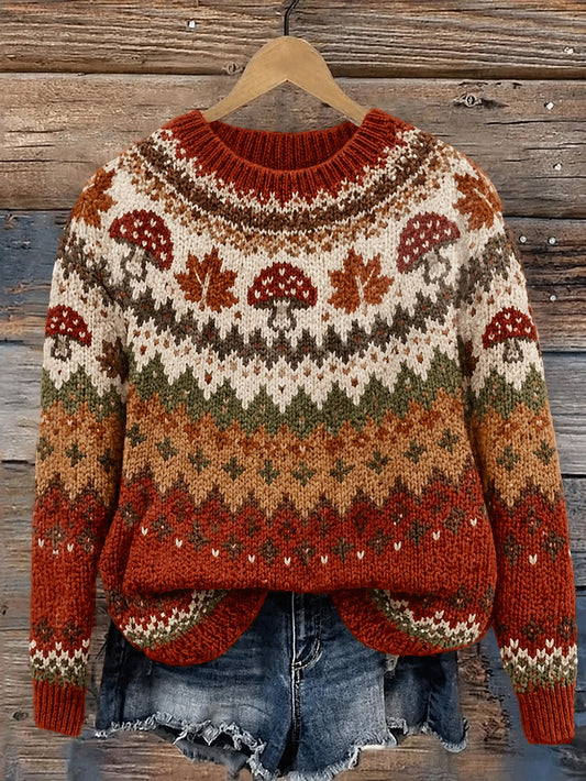Women's Autumn Mushroom And Maple Leaf Pattern Casual Sweater