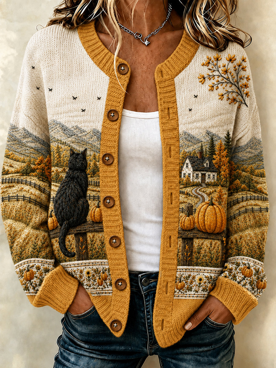 Women's Autumn Black Cat Pumpkin Flower Print Cardigan