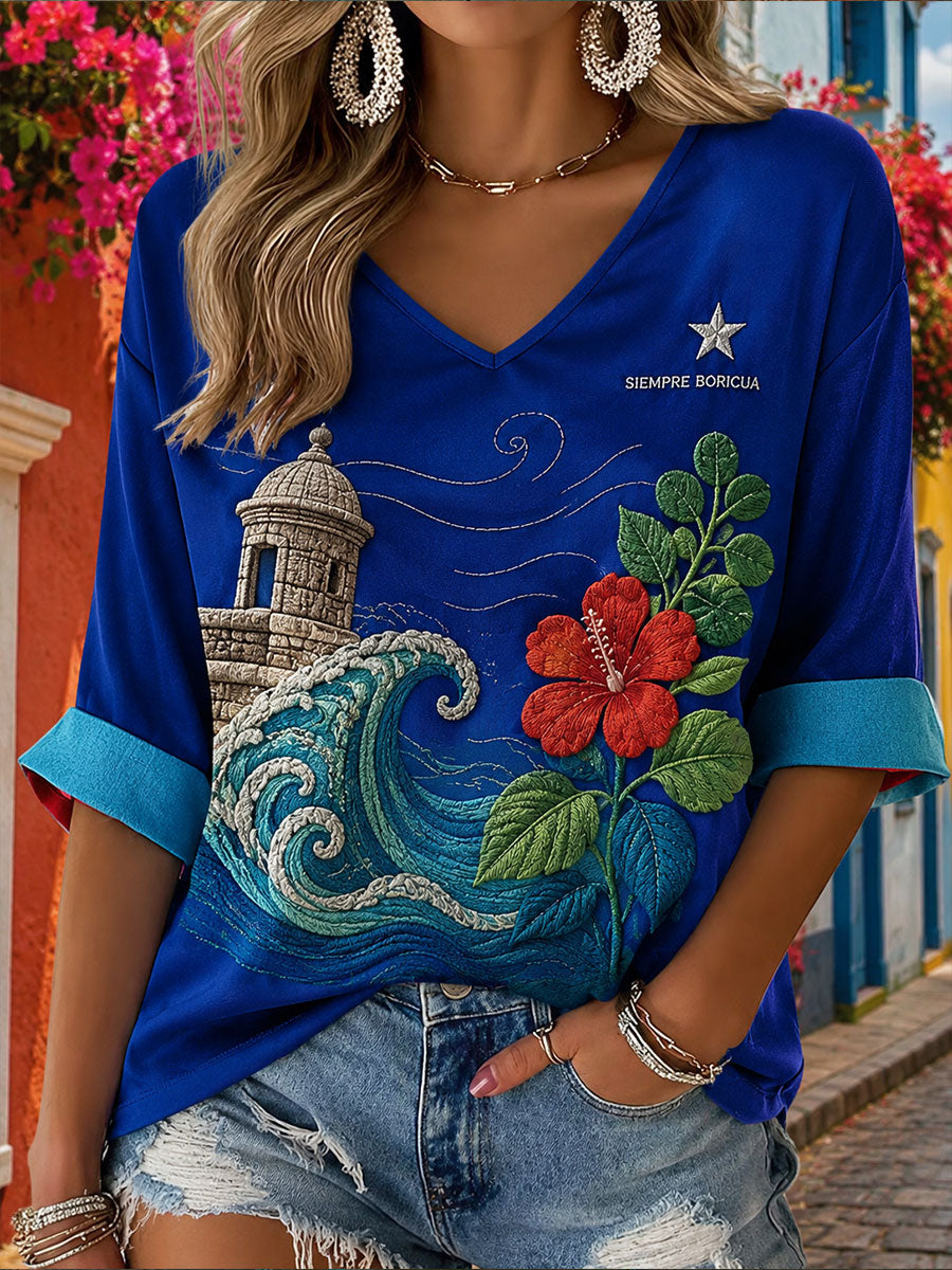 Women's Puerto Rico Boricua Floral Art Printed T-Shirt