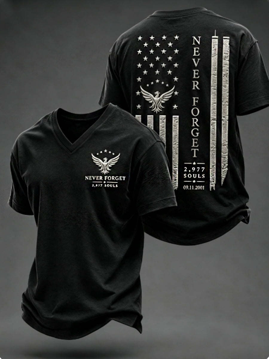 Men's NEVER FORGET 2,977 SOULS 2,977 SOULS 09.11.2001 V-neck T-shirt