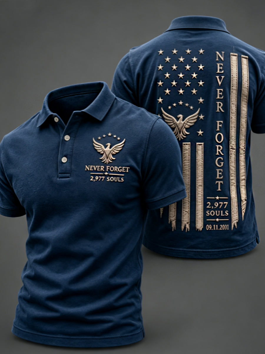 Men's NEVER FORGET 2,977 SOULS 2,977 SOULS 09.11.2001 polo shirt