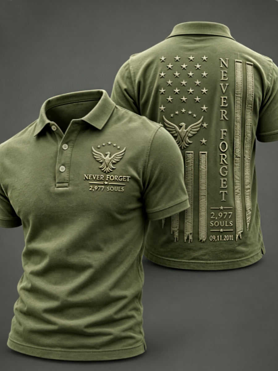 Men's NEVER FORGET 2,977 SOULS 2,977 SOULS 09.11.2001 polo shirt