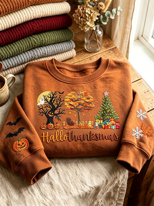 Women's Hallothanksmas Wonderful Time of A Year Trees Print Sweatshirt
