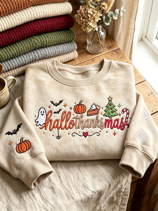 Women's Hallothanksmas Wonderful Time of A Year Holiday Season Print Sweatshirt