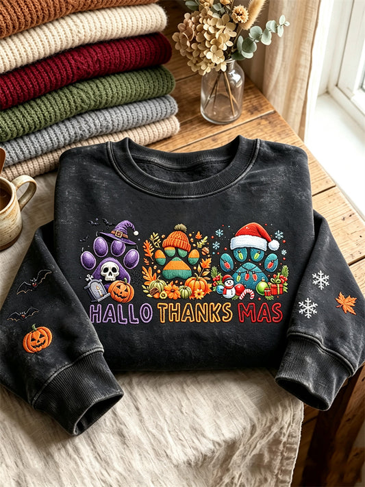 Women's Hallothanksmas Wonderful Time of A Year Paws Print Sweatshirt