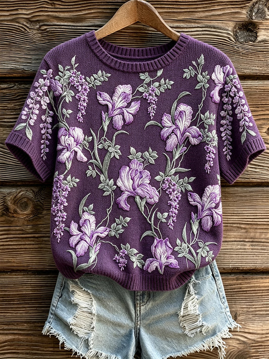 Women's purple flowers pattern printed causal short sleeve sweater