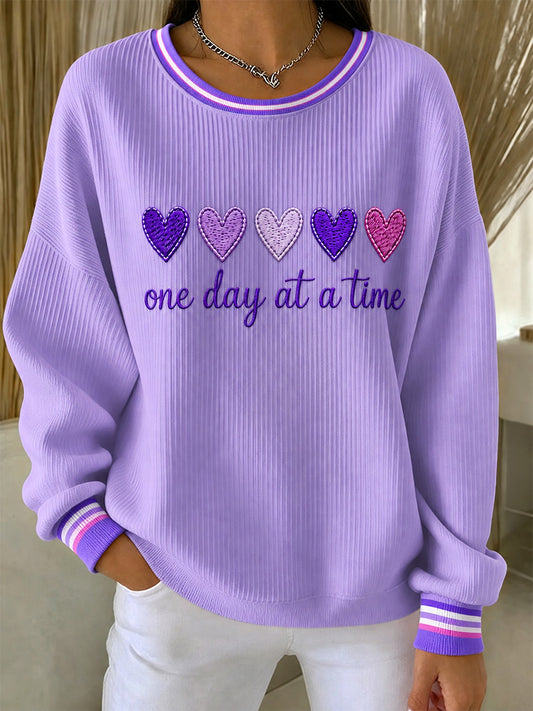 Women's Purple Floral & Alzheimer's Awareness Support Print Ribbed Round-Neck Sweatshirt