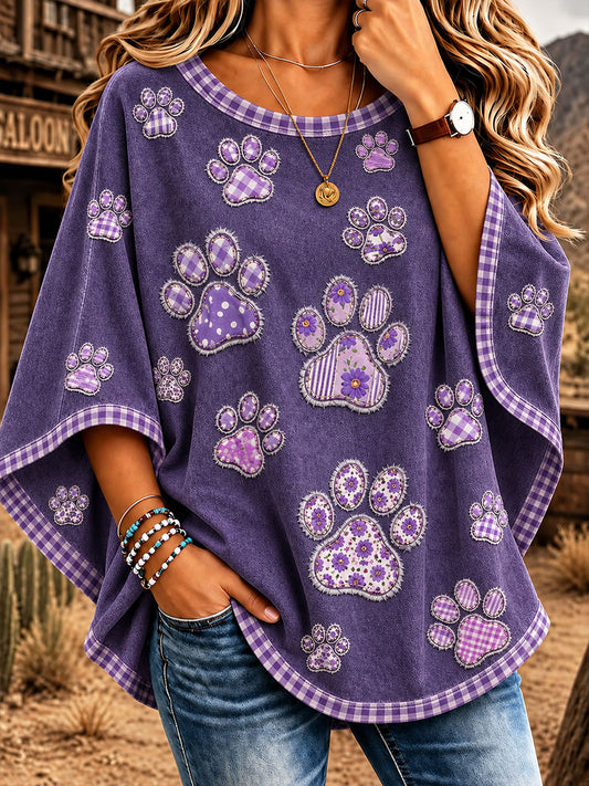 Women's Purple Artistic Floral Cat Paw Print Casual T-Shirt