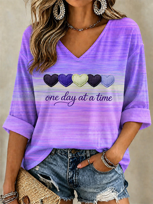 Women's Purple Floral & Alzheimer's Awareness Support Print V-Neck Tee