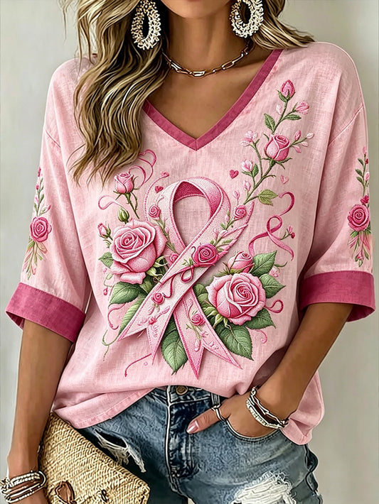 Women's pink floral and pink charity ribbon pattern design casual mid-length sleeves V-neck T-shirt