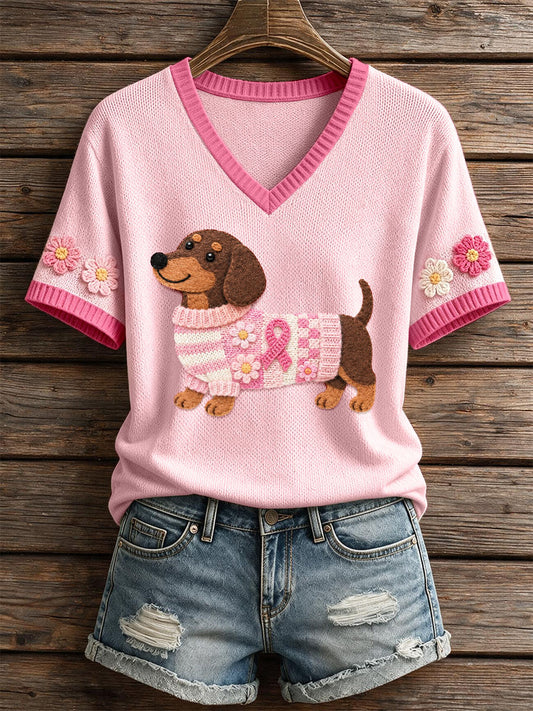 Women's Felt Art Dachshund Pattern Knit Top