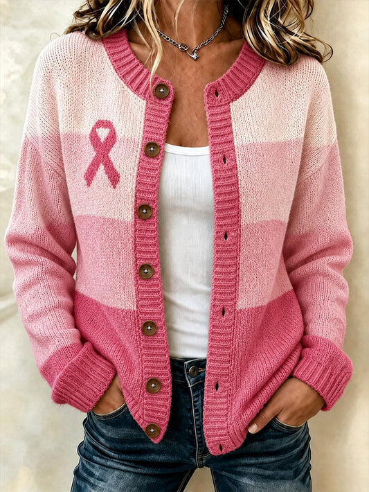 Women's Pink Color Block Design Casual Cardigan-Style Knit Jacket