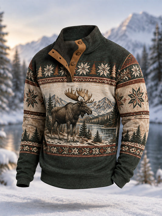 Men's Winter Moose Print Casual Buttons Pullover