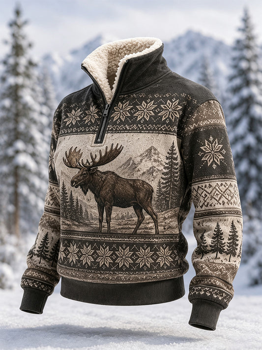 Women's Winter Moose Print Casual Fur Collar Top