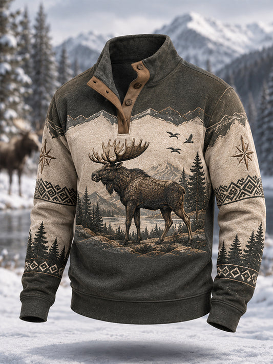 Men's Winter Moose Print Casual Buttons Pullover