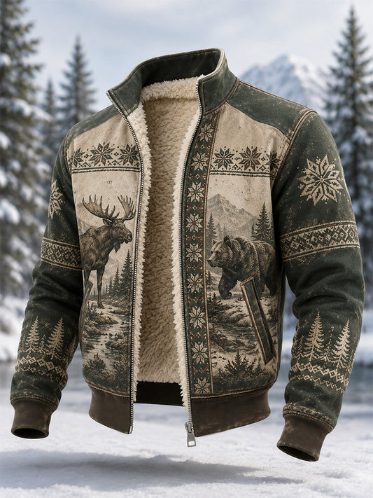 Men's Winter Moose & Snow Bear Print Casual Composite Fleece Jacket