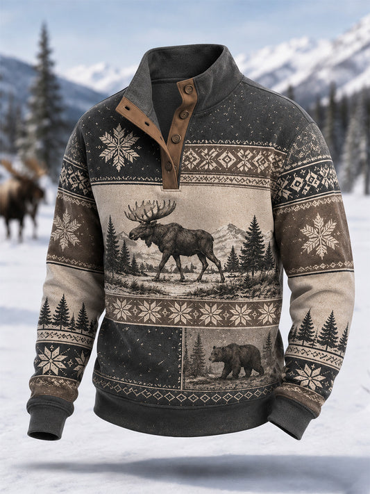 Men's Winter Moose Print Casual Buttons Pullover