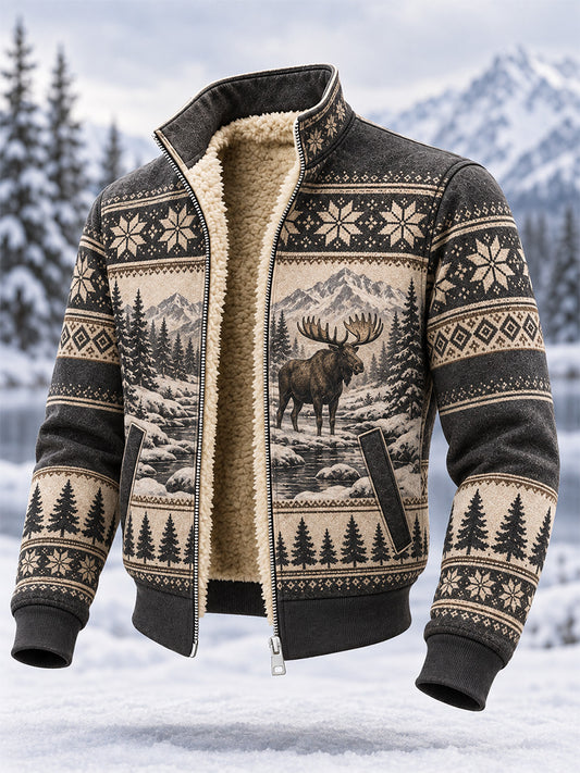 Men's Winter Moose Print Casual Composite Fleece Jacket