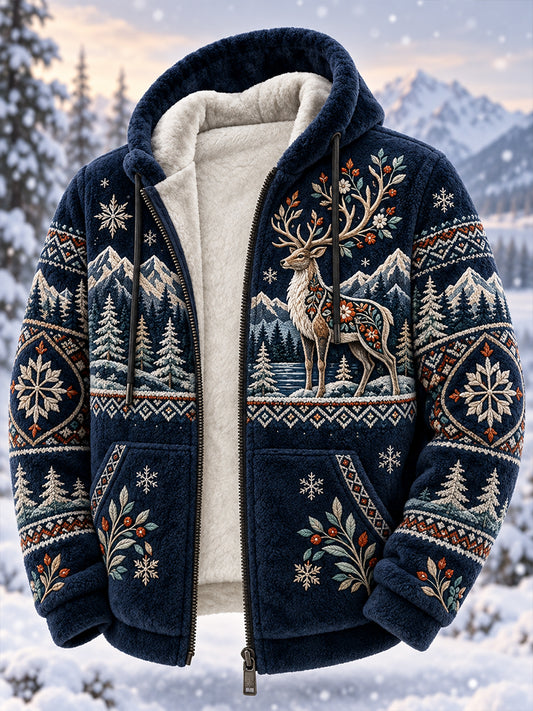 Men's Nordic Forest Animals Fleece-Lined Hooded Jacket