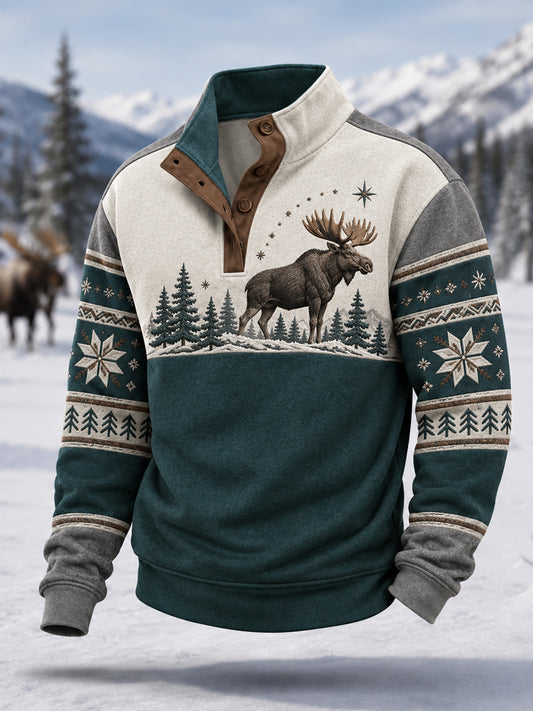 Men's Winter Moose Print Casual Buttons Pullover