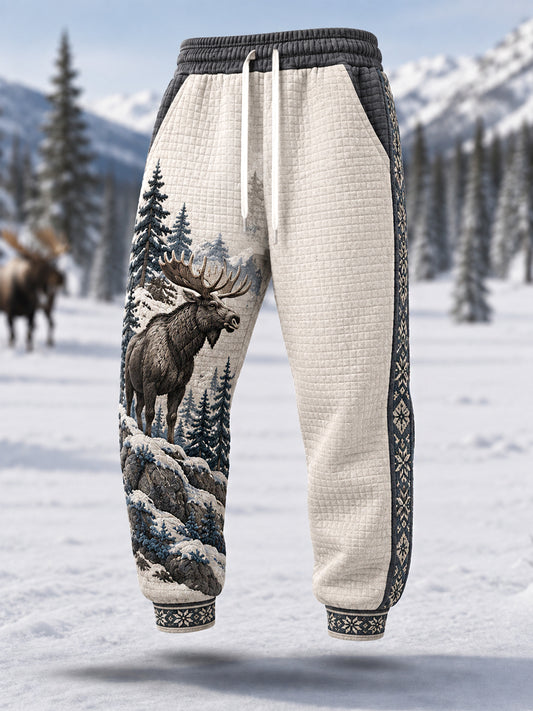 Men's Winter Moose Print Casual Waffle Pants