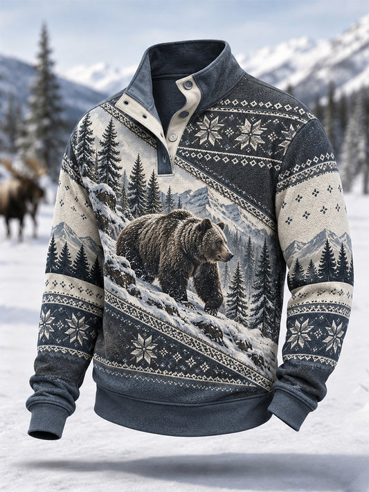 Men's Winter Snow Bear Print Casual Buttons Pullover