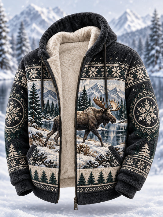 Men's Nordic Forest Animals Fleece-Lined Hooded Jacket