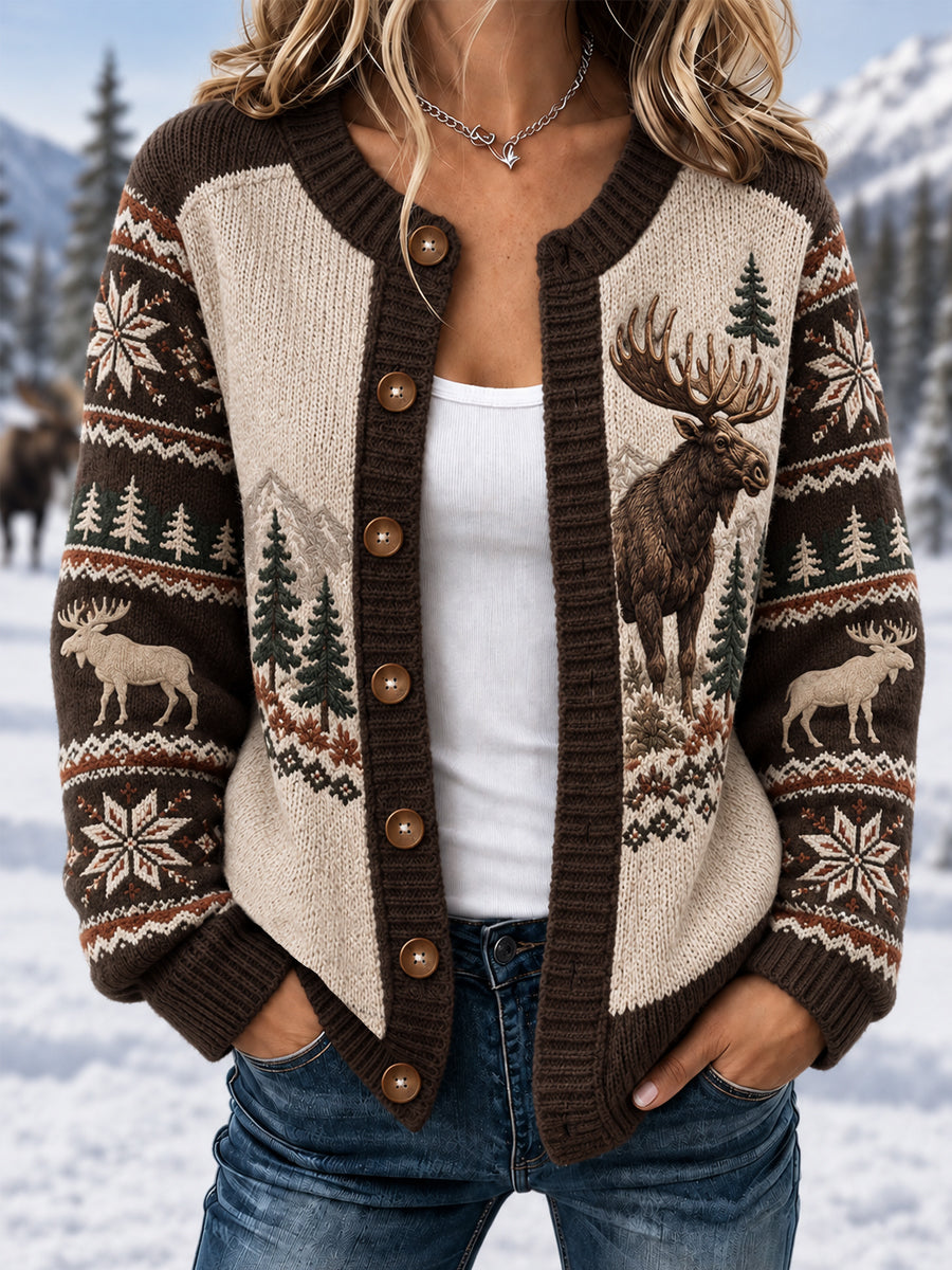 Women's Winter Moose Print Casual Cardigan