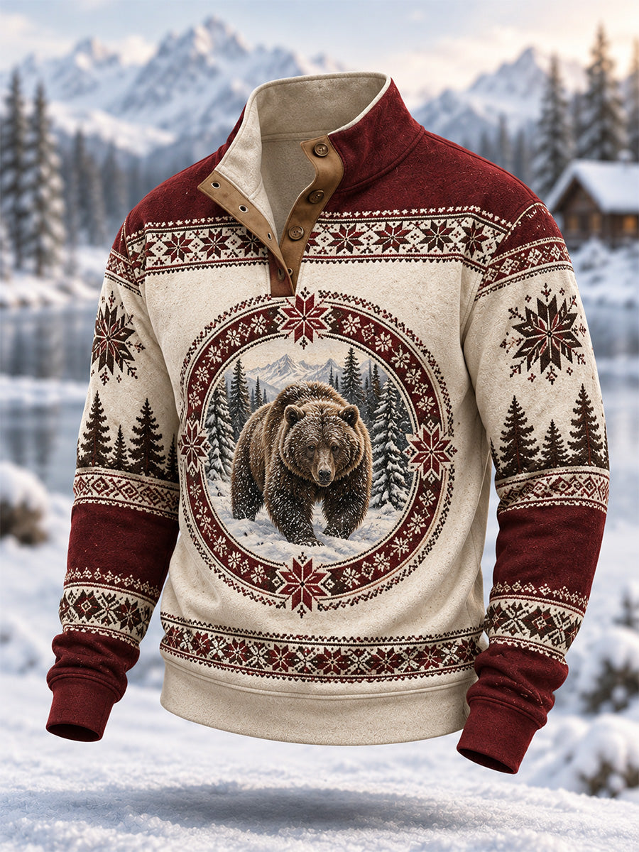 Men's Winter Snow Bear Print Casual Buttons Pullover