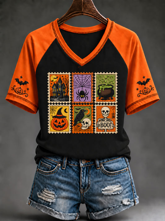 Women's Halloween Cute Pumpkin Bat V-neck Short Sleeve T-shirt